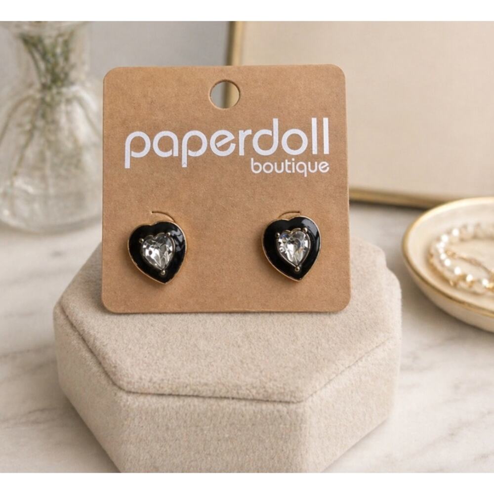 Paperdoll Black Enamel Rhinestone Stud Earrings New